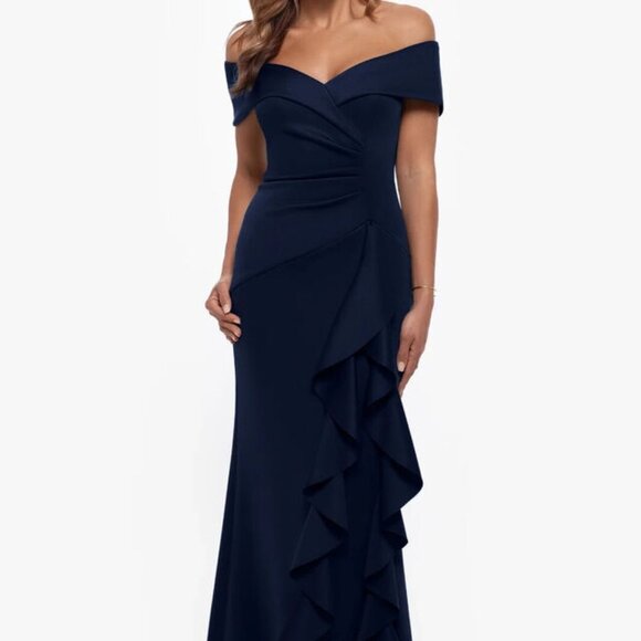 Xscape Navy Blue Ava Off the Shoulder Side Ruffle Evening Gown - Picture 2 of 5
